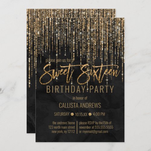 Luxury Black Gold Glitter Pearl Marble Sweet 16 Invitation