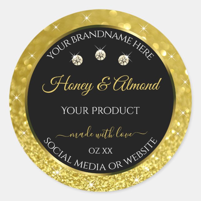 Luxury Black Gold Glitter Product Labels Diamonds (Front)