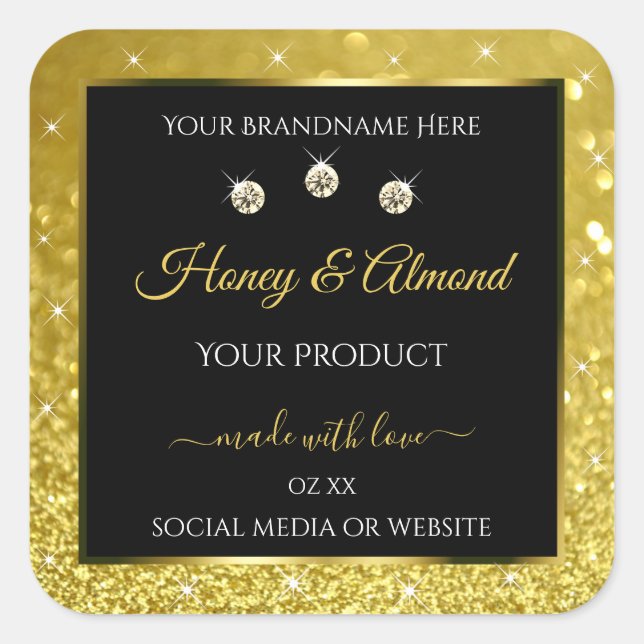 Luxury Black Gold Glitter Product Labels Diamonds (Front)