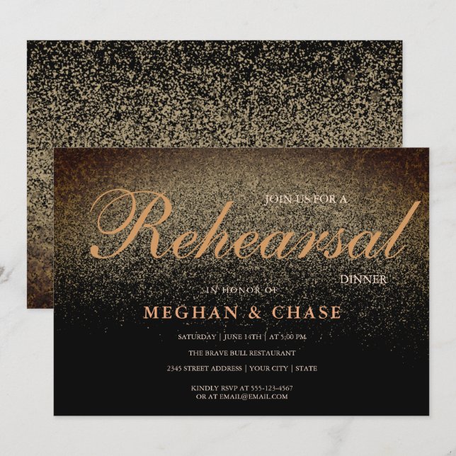 Luxury Black Gold Glitter Rehearsal Dinner Invitation (Front/Back)