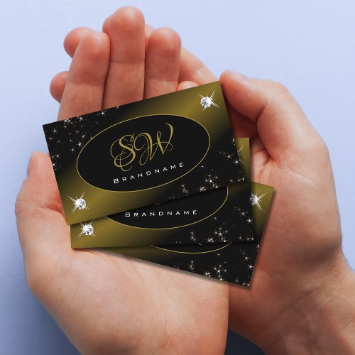 Luxury Black Gold Glitter Stars Diamonds Initials Business Card