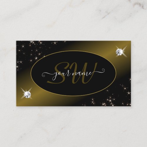 Luxury Black Gold Glitter Stars Diamonds Monogram Business Card