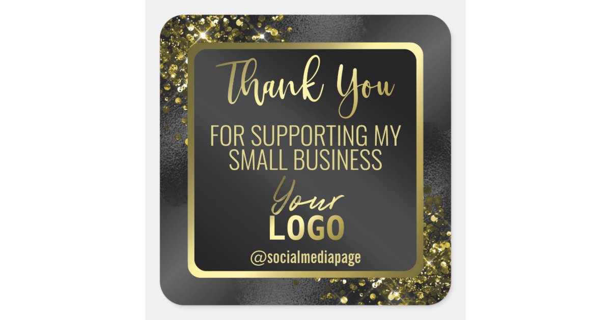 Luxury Black Gold Glitter Thank You Business Logo Square Sticker | Zazzle