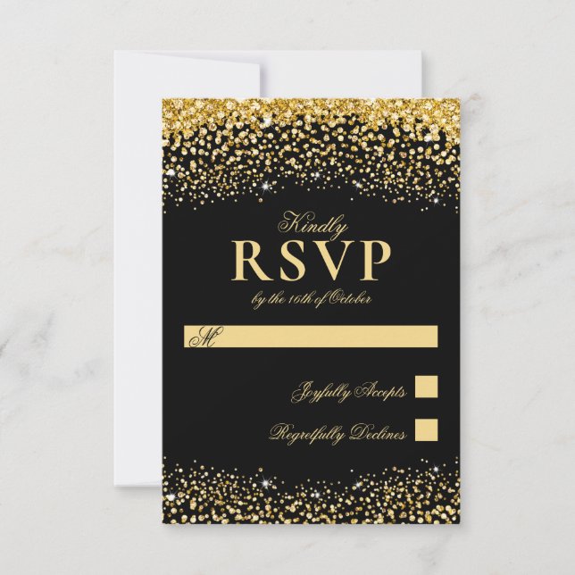 Luxury Black Gold Glitter Wedding RSVP Card (Front)