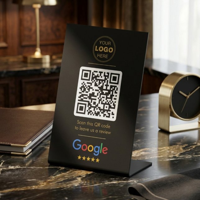 Luxury Black Gold Google Review QR Code Logo Pedestal Sign (Luxury Black & Gold Custom Google Review QR Code Sign)