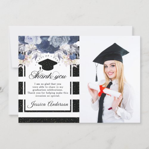 Luxury Black Gold Graduation Photo Thank You Card