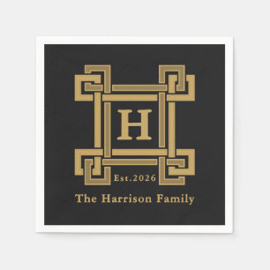 Luxury Black Gold Greek Key Monogrammed Napkins