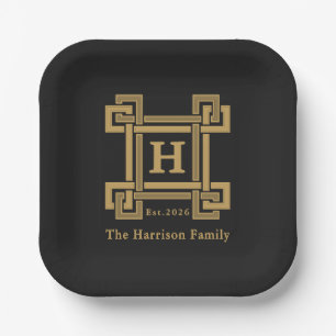 Luxury Black Gold Greek Key Monogrammed Paper Plates