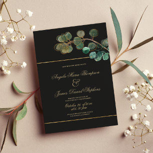 Luxury black gold green eucalyptus leaves wedding invitation