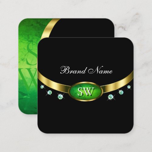 Luxury Black Gold Green Marble Rhinestone Monogram Square Business Card