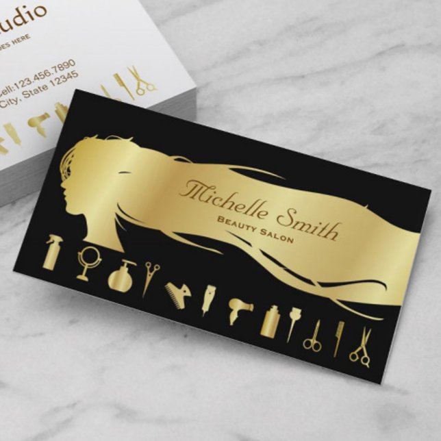 Luxury Black Gold Hair Stylist Beauty Salon Business Card (Creator Uploaded)