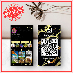 LUXURY Black & Gold Instagram Marble Agate QR Business Card