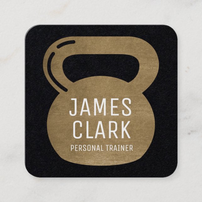 Luxury Black Gold Kettlebell Fitness Trainer Coach Square Business Card (Front)