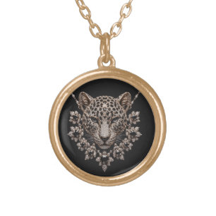 Luxury Black & Gold Leopard Floral Diamond Plated Necklace