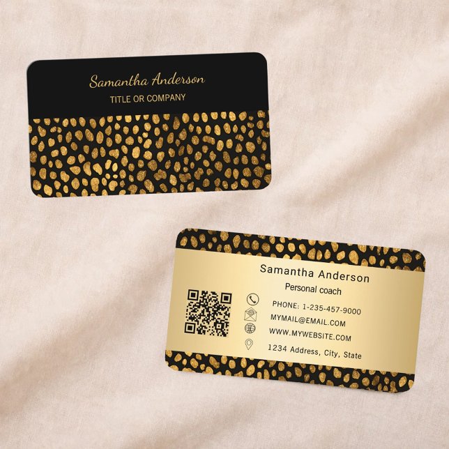 Luxury Black Gold Leopard Print QR Code Business Card (Creator Uploaded)