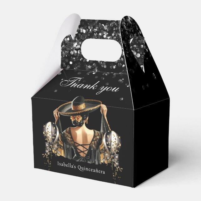 Luxury Black Gold Mexican Style Quinceañera Favor Boxes (Front Side)