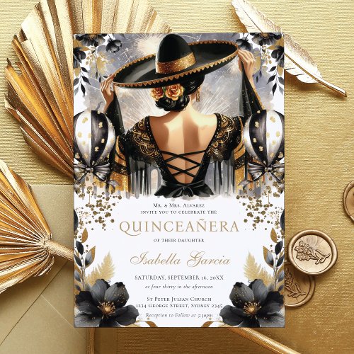 Luxury Black Gold Mexican Style Quinceaera Invitation