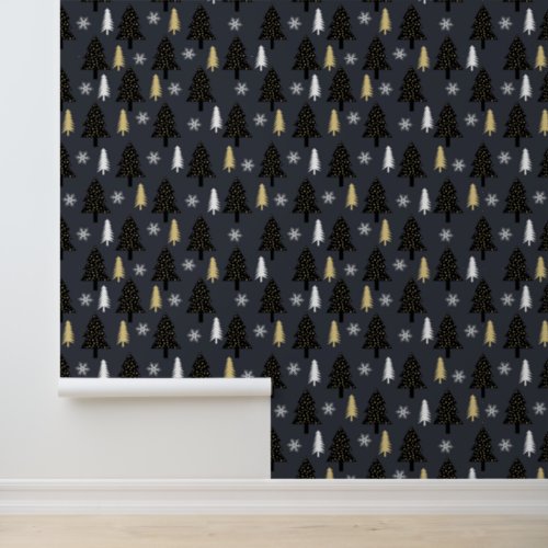 Luxury Black Gold Modern Christmas Tree Pattern Wallpaper