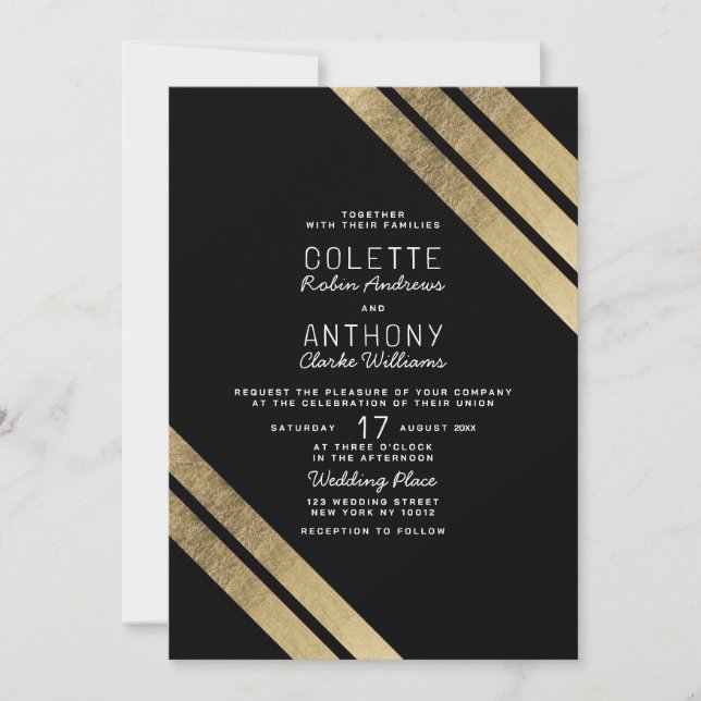 Luxury black gold modern geometrical wedding invitation (Front)