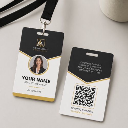 Luxury Black Gold Modern Real Estate QR Code ID Badge