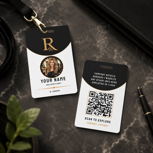 Luxury Black Gold Modern Real Estate QR Code ID Badge (Luxury Black Gold Modern Real Estate QR Code ID Badge
)