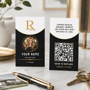 Luxury Black Gold Modern Real Estate QR Code ID Calling Card