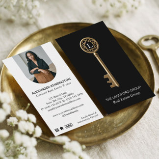 Luxury Black Gold Monogram Key Real Estate Agent Business Card