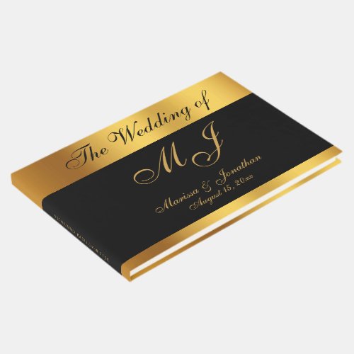 Luxury Black Gold Monogram Names Wedding Guest Book