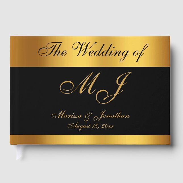 Luxury Black Gold Monogram Names Wedding Guest Book (Front)