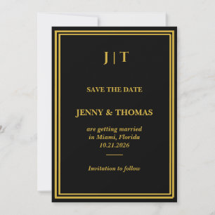 Luxury Black & Gold Monogram Save the Date Card