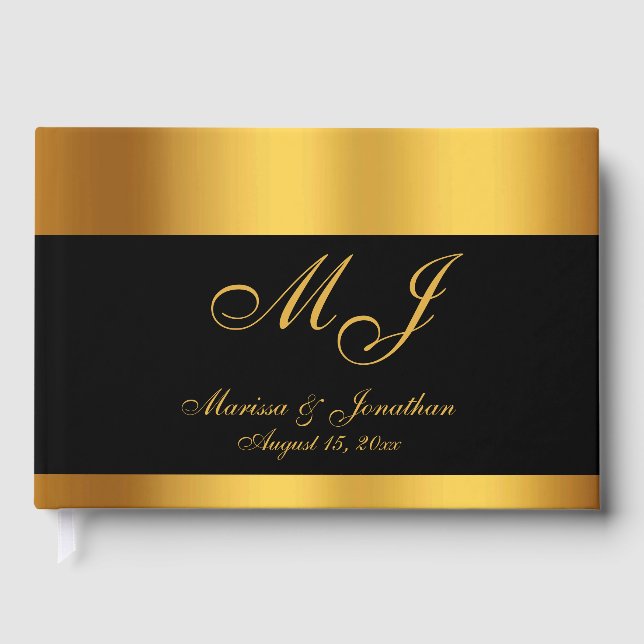 Luxury Black Gold Monogram Script Wedding Guest Book (Front)