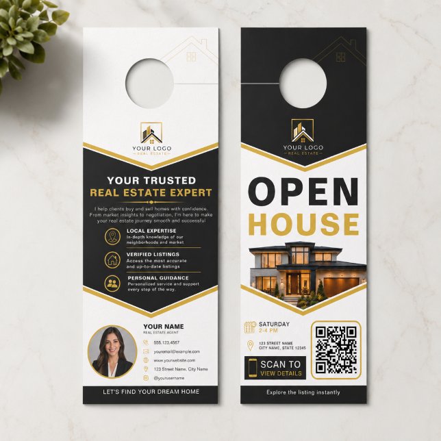 Luxury Black Gold Open House QR Door Hanger (Luxury Open House Door Hanger with QR Code | Realtor Marketing Design)