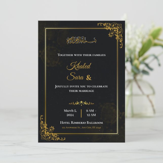 Luxury Black & Gold Ornate Muslim Islamic Wedding  Invitation (Standing Front)