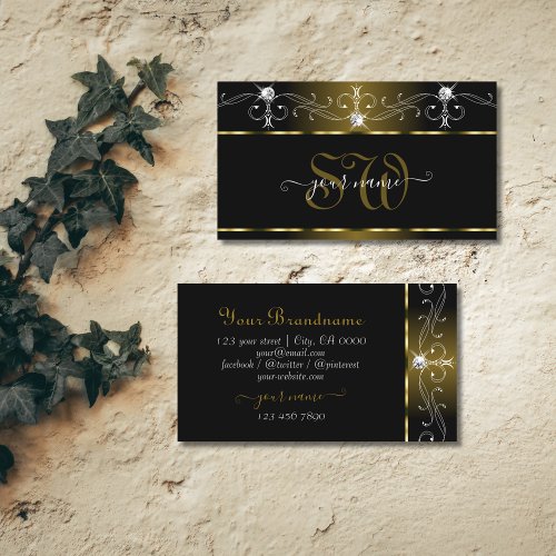 Luxury Black Gold Ornate Sparkle Jewels Initials Business Card