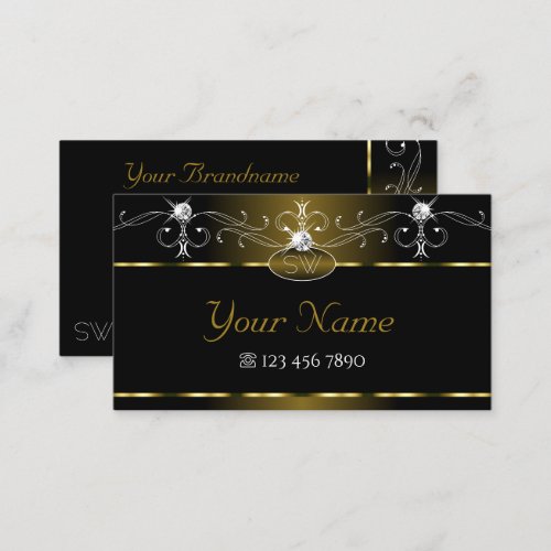Luxury Black Gold Ornate Sparkle Jewels Monogram Business Card