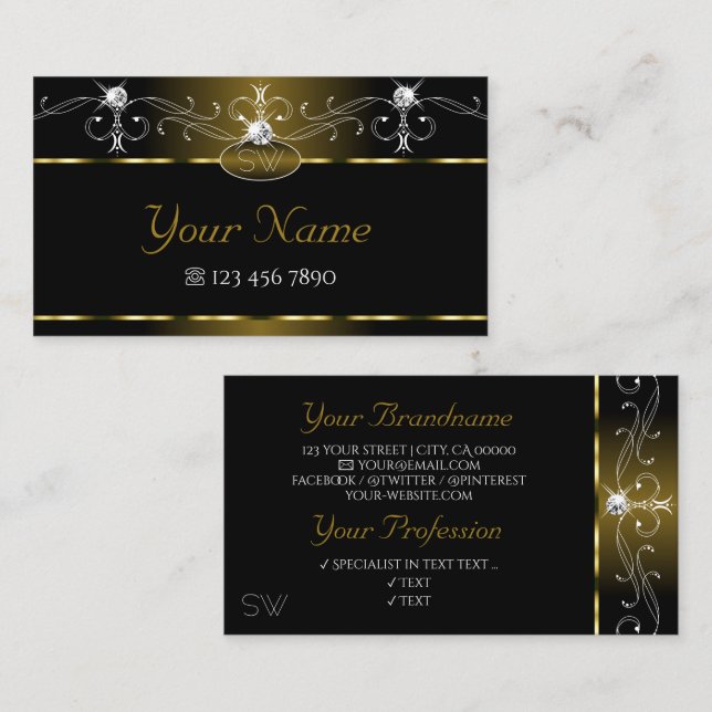 Luxury Black Gold Ornate Sparkle Jewels Monogram Business Card (Front/Back)