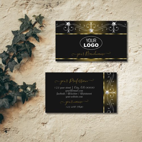 Luxury Black Gold Ornate Sparkle Jewels with Logo Business Card