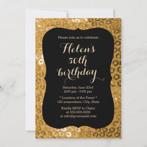 Luxury Black &amp; Gold Paillettes Birthday Party 5x7 Paper Invitation Card