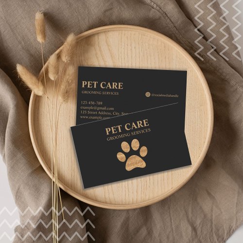 Luxury Black Gold Paw Pet Grooming Service Business Card