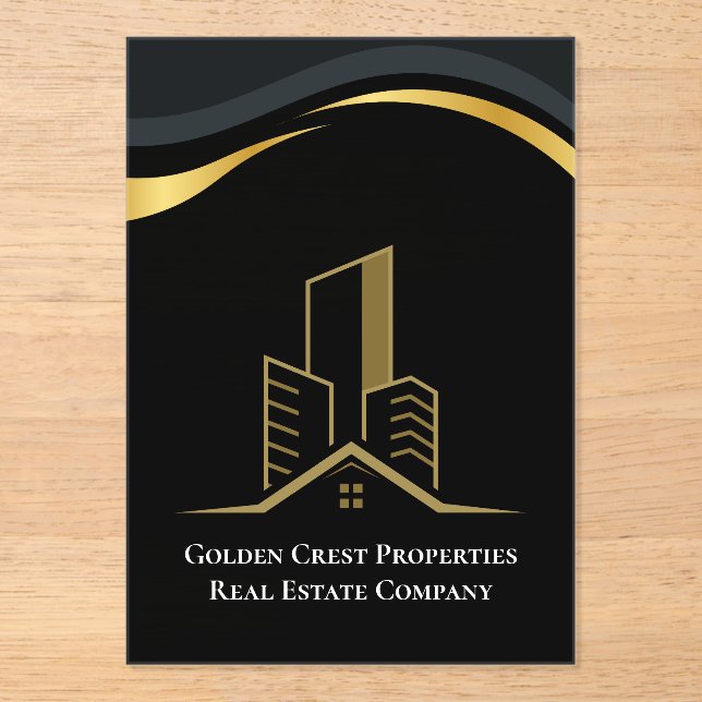 Luxury Black & Gold Personalized Real Estate Acrylic Invitations (Front)
