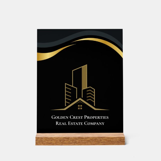 Luxury Black & Gold Personalized Real Estate Acrylic Sign (Front)
