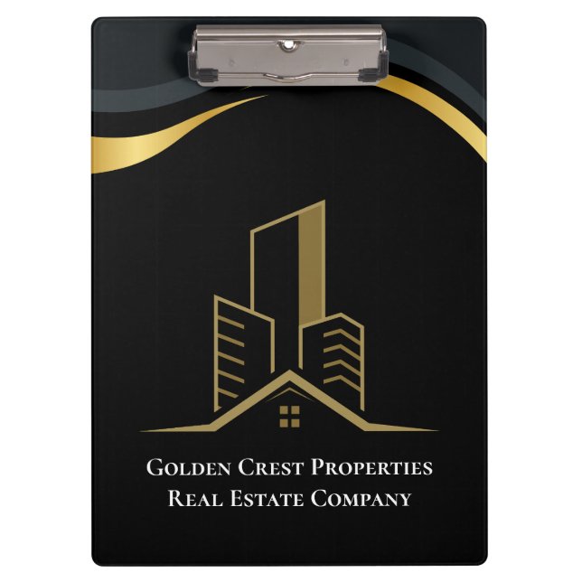Luxury Black & Gold Personalized Real Estate Clipboard (Front)