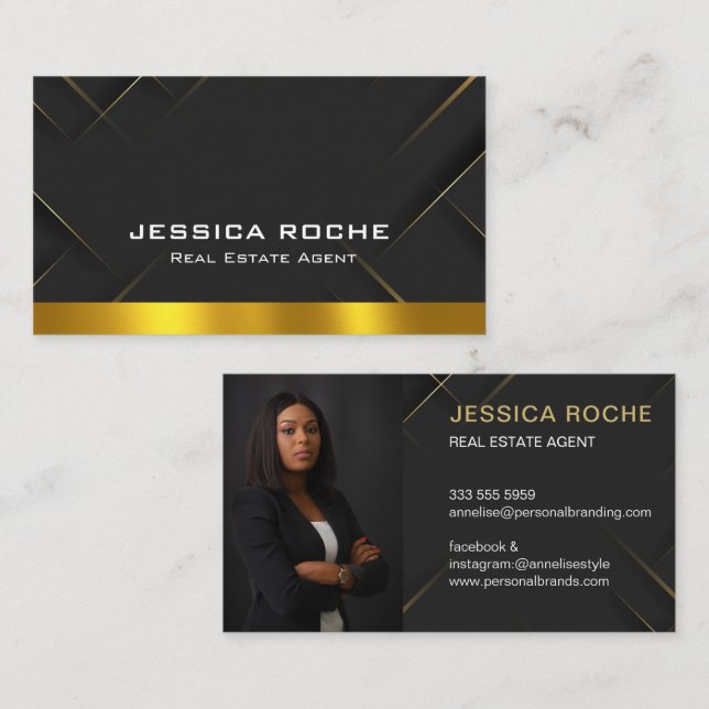 Luxury Black Gold Photo Real Estate Agent QR Code  Business Card (Front/Back)