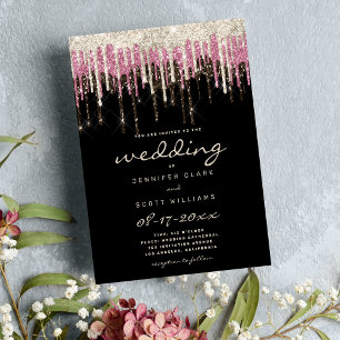 Luxury black gold pink glam glitter drips wedding  invitation