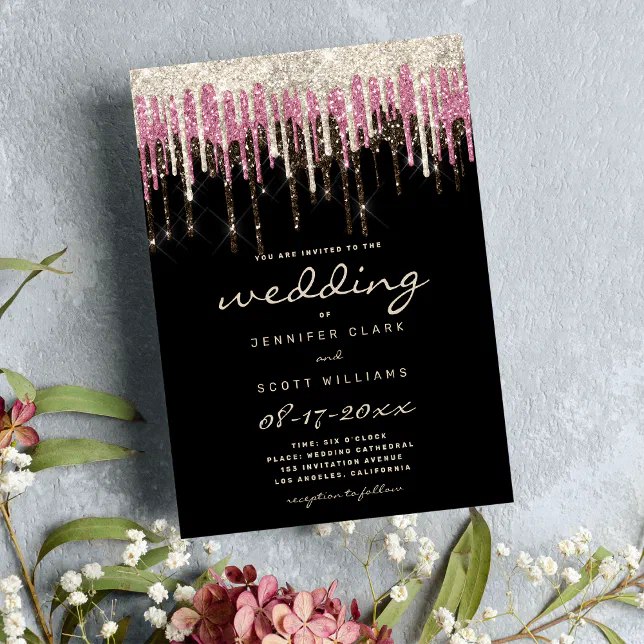 Luxury black gold pink glam glitter drips wedding invitation Zazzle