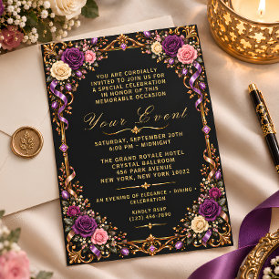 Luxury Black Gold Purple Floral Invitation