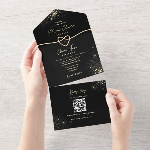 Luxury Black Gold QR Code Wedding All In One Invitation