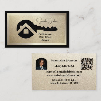 Luxury Black & Gold QR Photo Real Estate Business Card