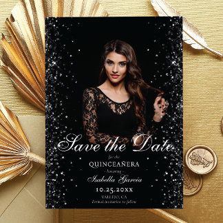 Luxury Black Gold Quinceañera Photo Save the date Announcement