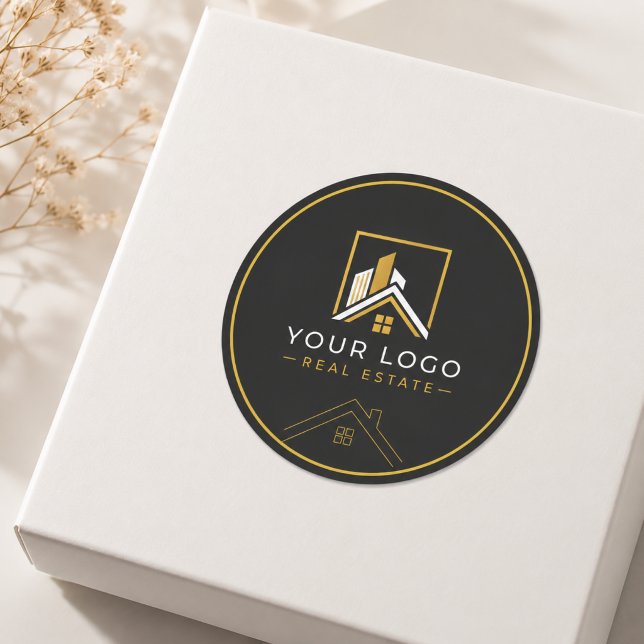 Luxury Black Gold Real Estate Logo Classic Round Sticker (Luxury Real Estate Logo Sticker for Realtor Branding & Packaging)